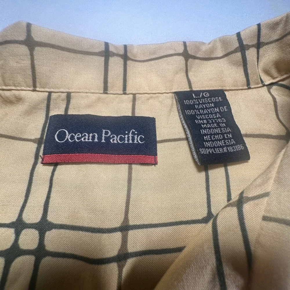 Y2K‎ Ocean Pacific Hawaiian Shirt Mens Large Yellow Rayon Floral Plaid Surf Camp